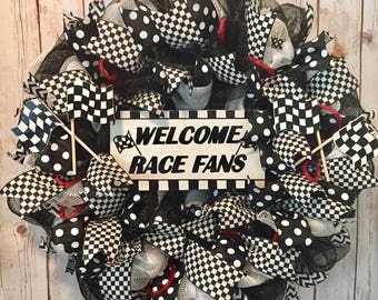 racing wreath, race car wreath, black white  wreath, race car decor, racing wreath, race car wreath, checkered flag wreath, racing decor,