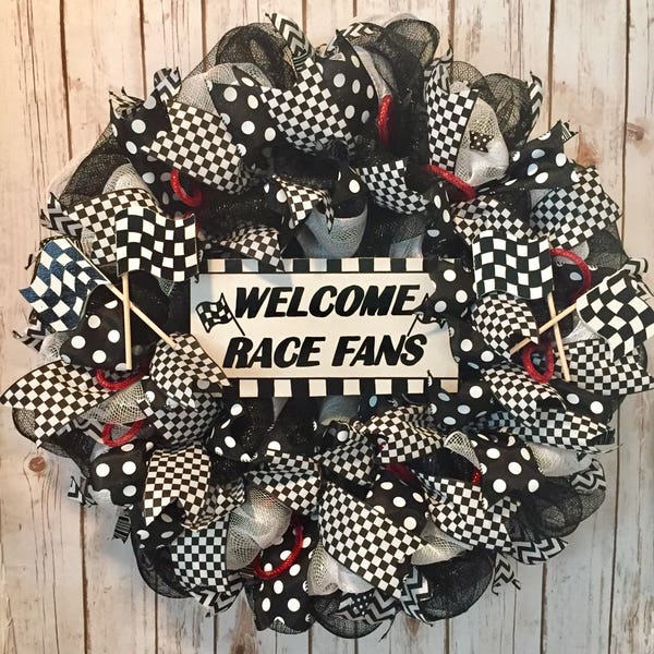 racing wreath, race car wreath, black white  wreath, race car decor, racing wreath, race car wreath, checkered flag wreath, racing decor,