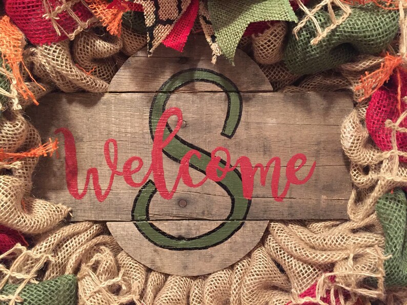 rustic look wreath burlap front door wreath personalized wreath monogram wreath pallet sign wreath all season wreath last name wreath