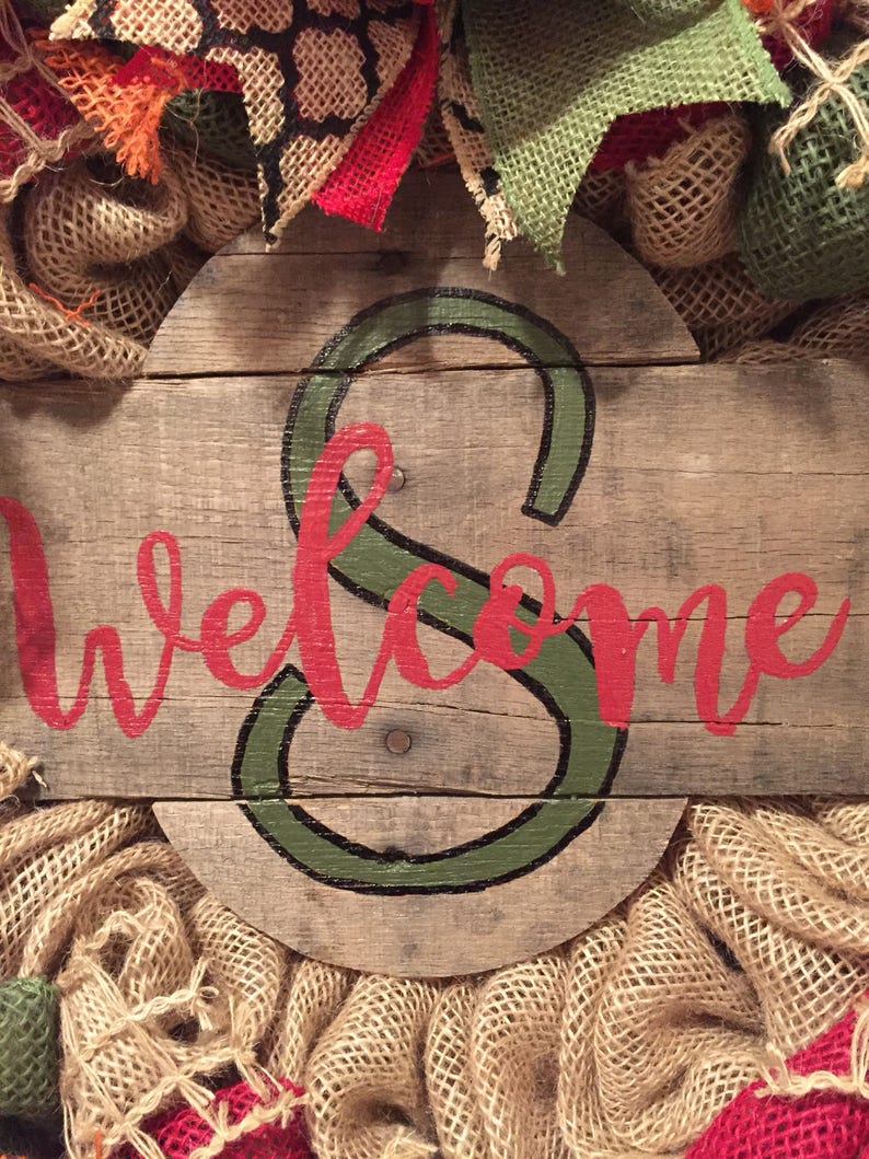 rustic look wreath burlap front door wreath personalized wreath monogram wreath pallet sign wreath all season wreath last name wreath