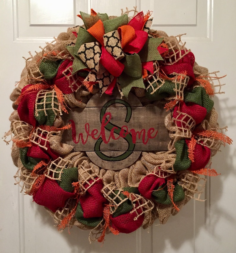 rustic look wreath burlap front door wreath personalized wreath monogram wreath pallet sign wreath all season wreath last name wreath