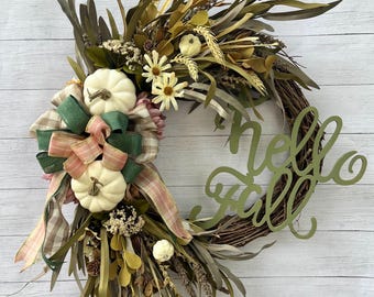 Fall wreath, Hello Fall wreath, Fall grapevine wreath, fall floral wreath, hello fall, fall pumpkin wreath