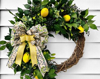 Summer wreath, spring wreath, lemon wreath, blueberry wreath, berry wreath, summer front door wreath, lemons, blueberries