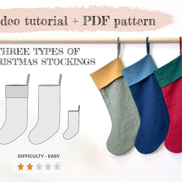 Linen Christmas Stocking sewing pattern, set of three, with video tutorial, digital pattern, minimalist stocking decor, zero waste diy
