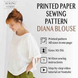 PRINTED PAPER blouse sewing pattern, Diana top for women, with bows, easy sewing pattern, kimono sleeves with cuffs, Sewing Habit