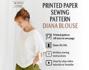 PRINTED PAPER blouse sewing pattern, Diana top for women, with bows, easy sewing pattern, kimono sleeves with cuffs, Sewing Habit