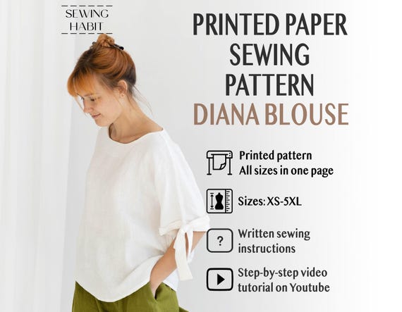 PRINTED PAPER blouse sewing pattern, Diana top for women, with bows, easy sewing pattern, kimono sleeves with cuffs, Sewing Habit