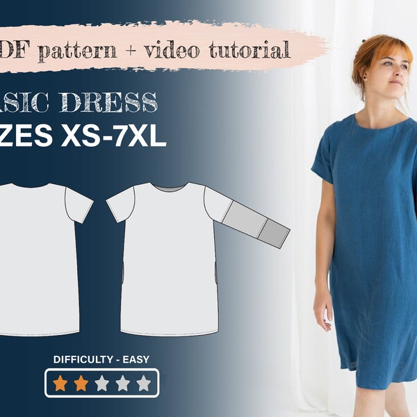Linen Dress sewing pattern for women, PDF Sewing Pattern, Midi length dress, midi shift dress, various sleeves, with pockets, summer dress