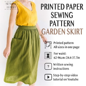 Peut inclure: Une femme porte un haut jaune et une jupe verte. L'image contient le texte "PRINTED PAPER SEWING PATTERN GARDEN SKIRT". Le patron est pour une jupe avec un tour de taille de 62-96cm. Le patron comprend des instructions écrites et un tutoriel vidéo.
