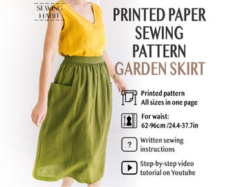 PAPER A line skirt sewing pattern, patch pockets, elastic waist, for women, Sewing habit, Printed, garden skirt