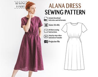 A-line dress sewing pattern for women, long and short dress diy pattern, high waist with elastic waistband, Sewing Habit, for woven fabric