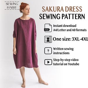 Kimono Leinenkleid Schnittmuster SAKURA, Einheitsgrösse 3XL-4XL, PDF Schnittmuster, DIY Video Anleitung, Capsule Garderobe, Anfänger,