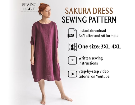 Kimono Linen Dress Sewing Pattern SAKURA, One Size 3XL-4XL, Pdf Sewing  Pattern, Diy Video Tutorial, Capsule Wardrobe, Begginer, Sewing Habit - Etsy