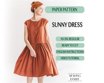 PRINTED PAPER gathered skirt dress sewing pattern, dress for women, ruffle dress, easy pattern, linen dress sewing, Sewing Habit, cap sleeve