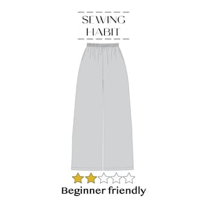 K&ouml;nnte beinhalten: Eine hellgraue Hose mit weitem Bein und elastischem Bund. Der Text "SEWING HABIT" steht &uuml;ber der Hose, und "Beginner friendly" darunter, mit drei goldenen Sternen.