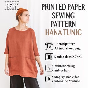May include: A rust-coloured Hana Tunic, a printed paper sewing pattern, is displayed. The tunic has a round neck, short sleeves, and two large front pockets. The image includes text that reads "Printed Paper Sewing Pattern Hana Tunic."