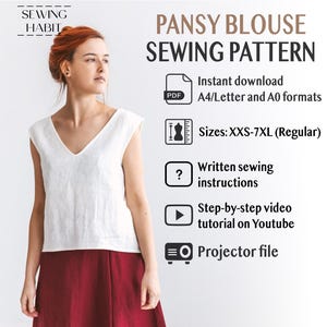 Linen tank top printable PDF, linen basic blouse, easy to sew, womens sewing pattern, sewing for women, tuck in blouse, sleeveless pattern