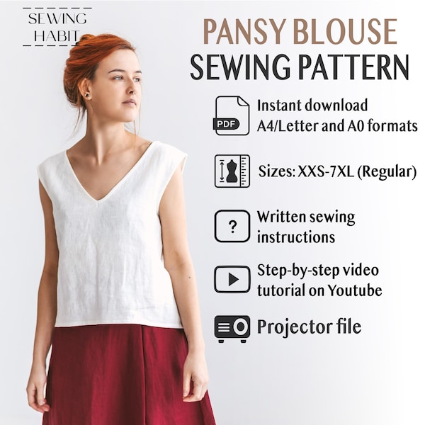 Patrón de costura de camiseta de tirantes de lino para mujer, blusa básica, fácil de coser, patrón PDF, costura para mujer, blusa para meter por dentro, sin mangas