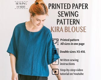 Sewing pattern printed on PAPER, oversized blouse, Kira top for women, shift top, easy sewing pattern, linen cotton, Sewing Habit