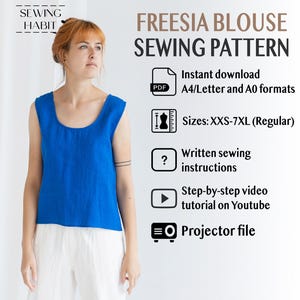 Linen tank top sewing pattern, linen basic blouse, shift blouse, for women, tuck in blouse, sleeveless pattern, linen sewing, projector file