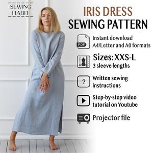 Long Linen Dress pattern, with Slits, Sizes XXS-L, PDF Sewing Pattern, sewing linen, diy pattern, sewing habit, with pockets, projector