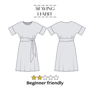 May include: Line drawing of a light gray dress pattern, front and back views. The dress has short sleeves, a tie waist, and a flared skirt. Text at the top reads "SEWING HABIT" and at the bottom "Beginner friendly".