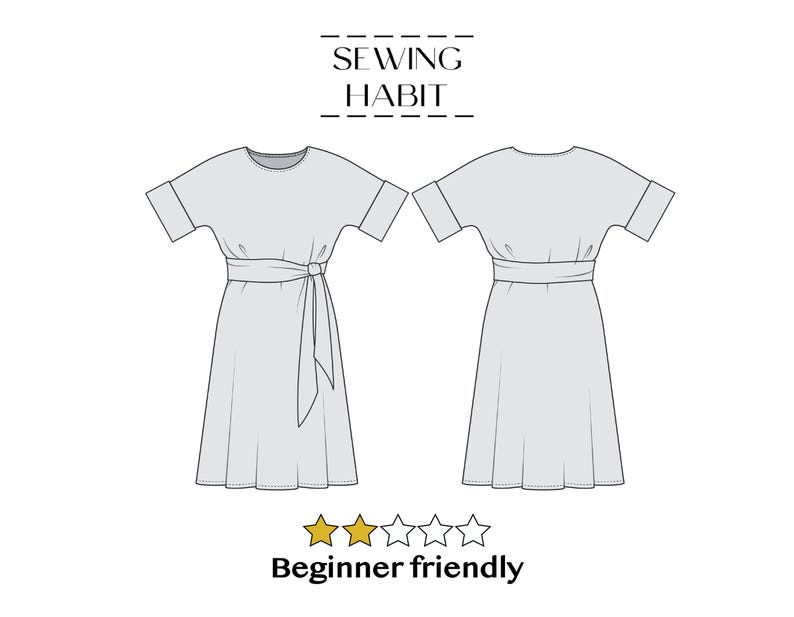 May include: Line drawing of a light gray dress pattern, front and back views. The dress has short sleeves, a tie waist, and a flared skirt. Text at the top reads "SEWING HABIT" and at the bottom "Beginner friendly".