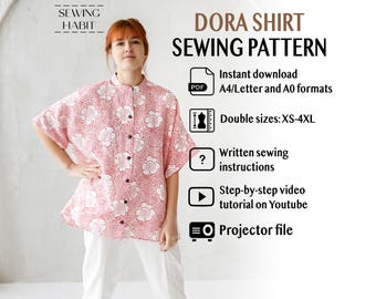 Collar Blouse Sewing Pattern, loose shirt for women, DORA Button Down Top, PDF Pattern XS-4XL, drop shoulder, for woven fabric, bib collar