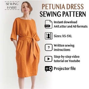 Sewing pattern for women, Midi length shift style, Loose fit, Kimono sleeves with cuffs and belt, Sewing Habit, for woven fabric