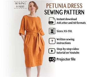 Sewing pattern for women, Midi length shift style, Loose fit, Kimono sleeves with cuffs and belt, Sewing Habit, for woven fabric