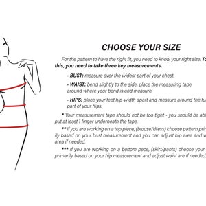 May include: Diagram showing how to measure bust, waist, and hips for sewing patterns. The diagram shows a woman's body with red lines indicating where to measure.