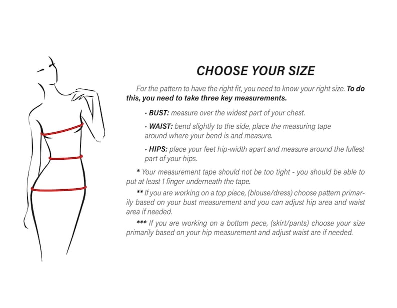 May include: Diagram showing how to measure bust, waist, and hips for sewing patterns. The diagram shows a woman's body with red lines indicating where to measure.