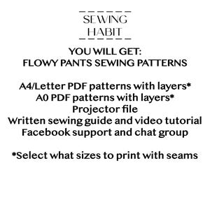 K&ouml;nnte beinhalten: Wei&szlig;es Grafikdesign mit dem Text "SEWING HABIT" und "YOU WILL GET: FLOWY PANTS SEWING PATTERNS". Enth&auml;lt A4/Letter- und A0-PDF-Muster, eine Projektordatei, eine N&auml;hanleitung und Facebook-Support.