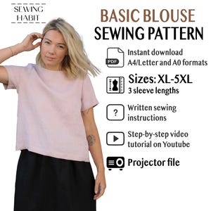 Frauen Top Schnittmuster LILY, druckbare PDF-Datei, XL-5XL Größen, Leinen Grundbluse, für Frauen, Anfänger Schnittmuster, Nähprojekt