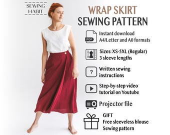 Wrap Skirt Sewing Pattern for women, A-Line with pockets, for Linen Cotton, sewing habit