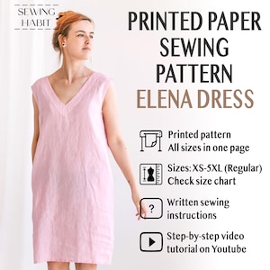 May include: A woman wearing a light pink Elena dress. The image includes text that reads "PRINTED PAPER SEWING PATTERN ELENA DRESS". The pattern includes sizes XS-5XL and written sewing instructions.