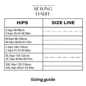 K&ouml;nnte beinhalten: Eine wei&szlig;e Gr&ouml;&szlig;entabelle mit dem Text "SEWING HABIT" oben. Der Leitfaden enth&auml;lt H&uuml;ftma&szlig;e in Zentimetern und Zoll f&uuml;r die Gr&ouml;&szlig;en S, M, L, XL und XXL. Der Text "Sizing guide" steht unten.