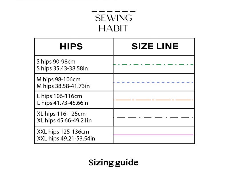 K&ouml;nnte beinhalten: Eine wei&szlig;e Gr&ouml;&szlig;entabelle mit dem Text "SEWING HABIT" oben. Der Leitfaden enth&auml;lt H&uuml;ftma&szlig;e in Zentimetern und Zoll f&uuml;r die Gr&ouml;&szlig;en S, M, L, XL und XXL. Der Text "Sizing guide" steht unten.