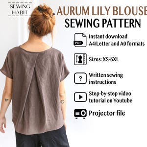 Patrón de costura de blusa kimono - Aurum Lily, PDF imprimible, tallas XS-6L, patrón de costura para mujer, costura para mujer, patrón de descarga instantánea