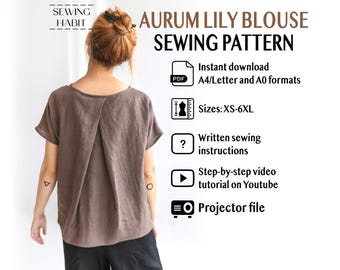 Kimono blouse sewing pattern - Aurum Lily, printable PDF, XS-6XL sizes, sewing pattern women, top short sleeves, fashion diy clothes, loose