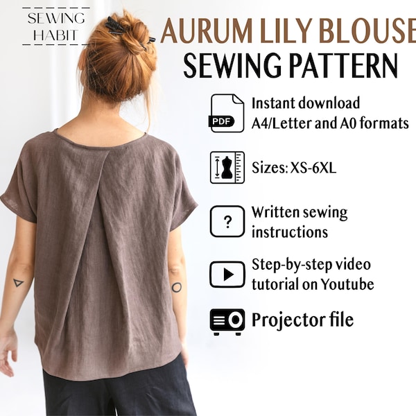 Kimono blouse sewing pattern - Aurum Lily, printable PDF, XS-6XL sizes, sewing pattern women, top short sleeves, fashion diy clothes, loose