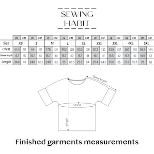 May include: A white graphic showing garment measurements for various sizes, including chest, sleeve length, and length, in inches and centimeters. The text "SEWING HABIT" is at the top, and "Finished garments measurements" is at the bottom.