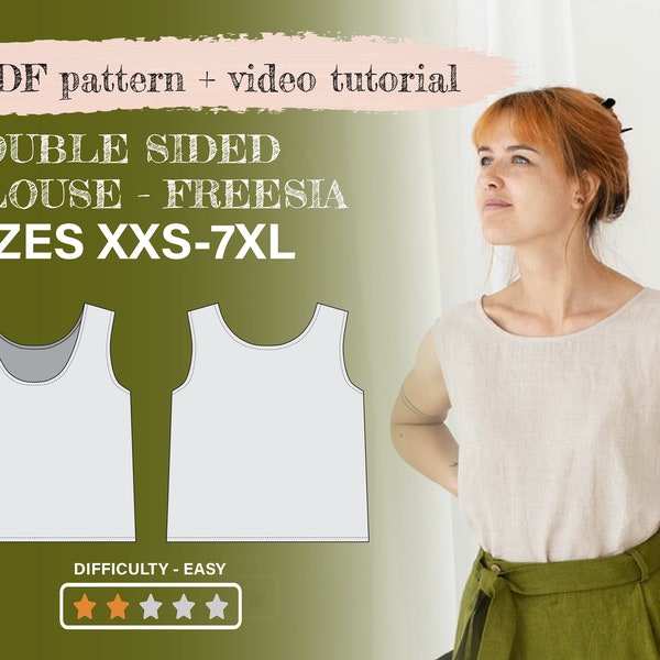 Linen tank top sewing pattern, linen basic blouse, shift blouse, for women, tuck in blouse, sleeveless pattern, linen sewing