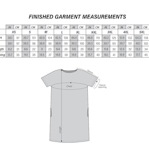 May include: A chart showing finished garment measurements in inches and centimeters for sizes XS through 6XL. Measurements include chest/hips, length, sleeve length, and sleeve opening.