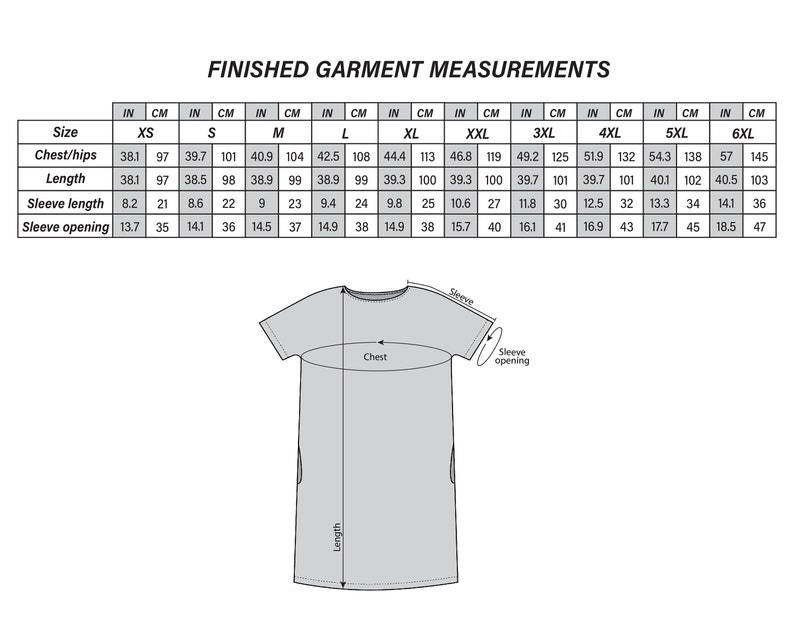 May include: A chart showing finished garment measurements in inches and centimeters for sizes XS through 6XL. Measurements include chest/hips, length, sleeve length, and sleeve opening.