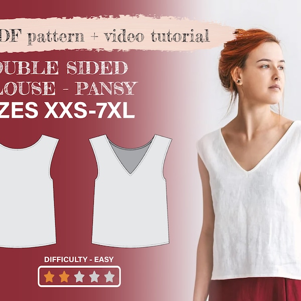 Linen tank top printable PDF, linen basic blouse, easy to sew, womens sewing pattern, sewing for women, tuck in blouse, sleeveless pattern