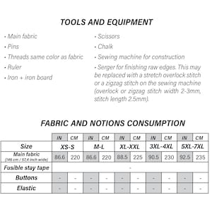 May include: A table showing the tools and equipment needed to make a garment, as well as the fabric and notions consumption for different sizes. The sizes range from XS-S to 5XL-7XL and are measured in inches and centimeters.
