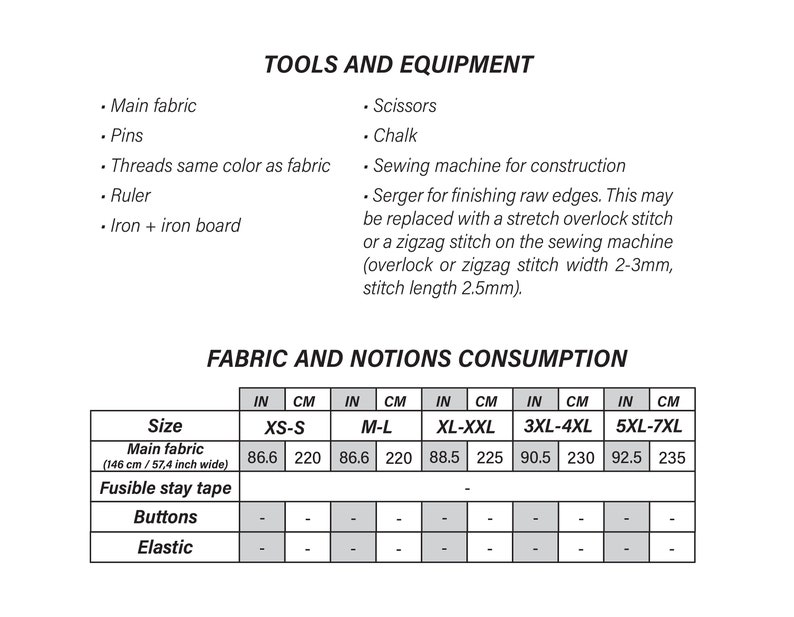 May include: A table showing the tools and equipment needed to make a garment, as well as the fabric and notions consumption for different sizes. The sizes range from XS-S to 5XL-7XL and are measured in inches and centimeters.