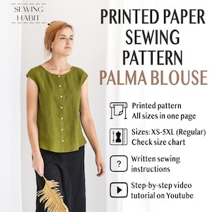 May include: A woman wearing a green button-down blouse and black pants. The image advertises a "Printed Paper Sewing Pattern" for a "Palma Blouse." The pattern includes all sizes on one page, written instructions, and a YouTube video tutorial.