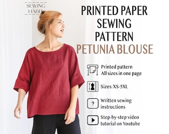 PRINTED PAPER sewing pattern, blouse with cuffs, Petunia top for women, shift top, easy sewing pattern, linen cotton, Sewing Habit